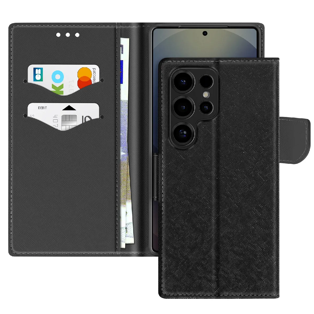 Avizar Noir Étui Pour Samsung Galaxy S25 Ultra Portefeuille Cuir Saffiano Fancy