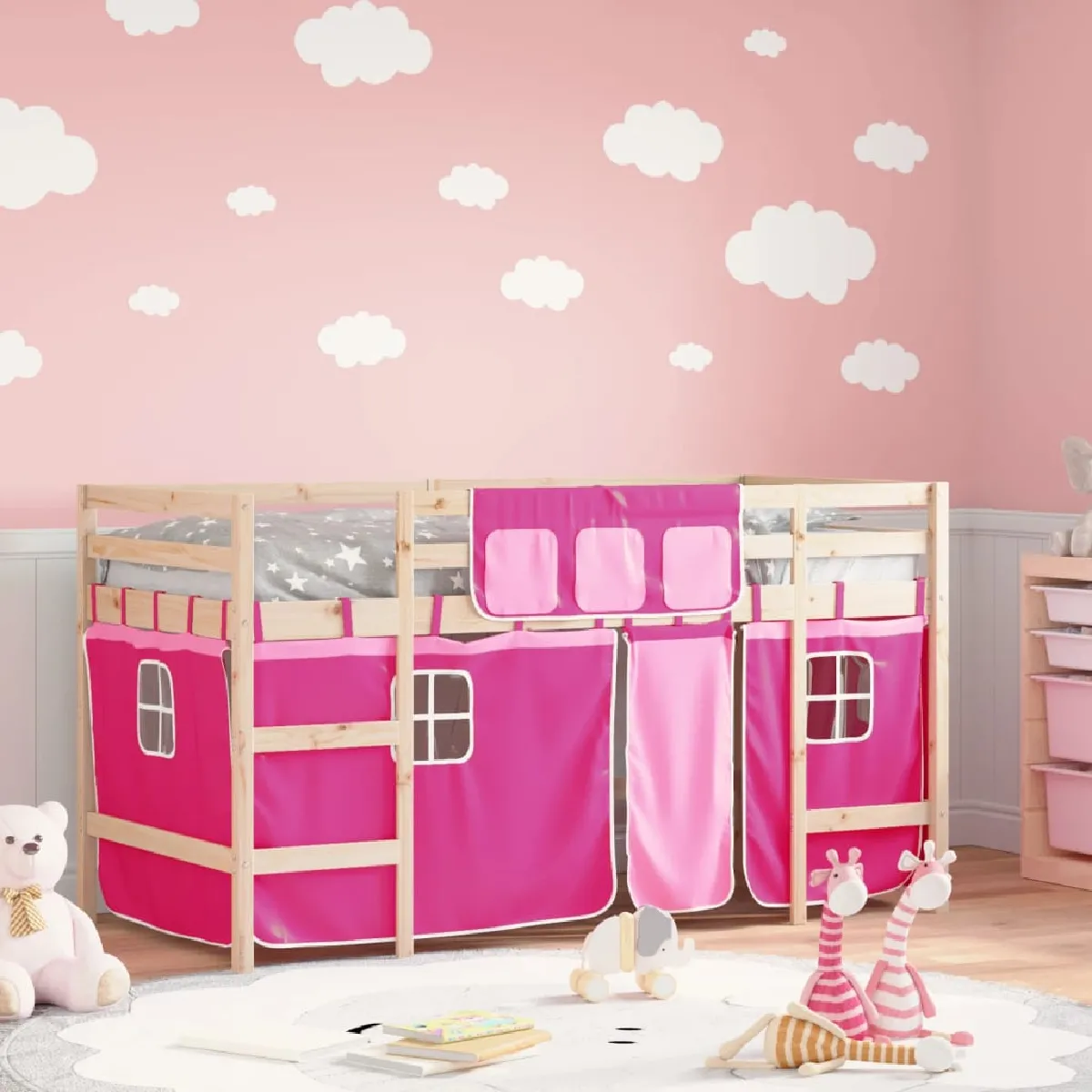 vidaXL Lit mezzanine enfants avec rideaux sans matelas rose 90x190 cm