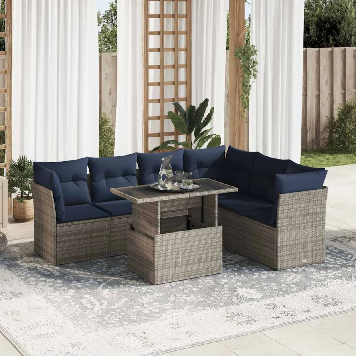 vidaXL Salon de jardin avec coussins 7 pcs - Noir résine tressée acacia