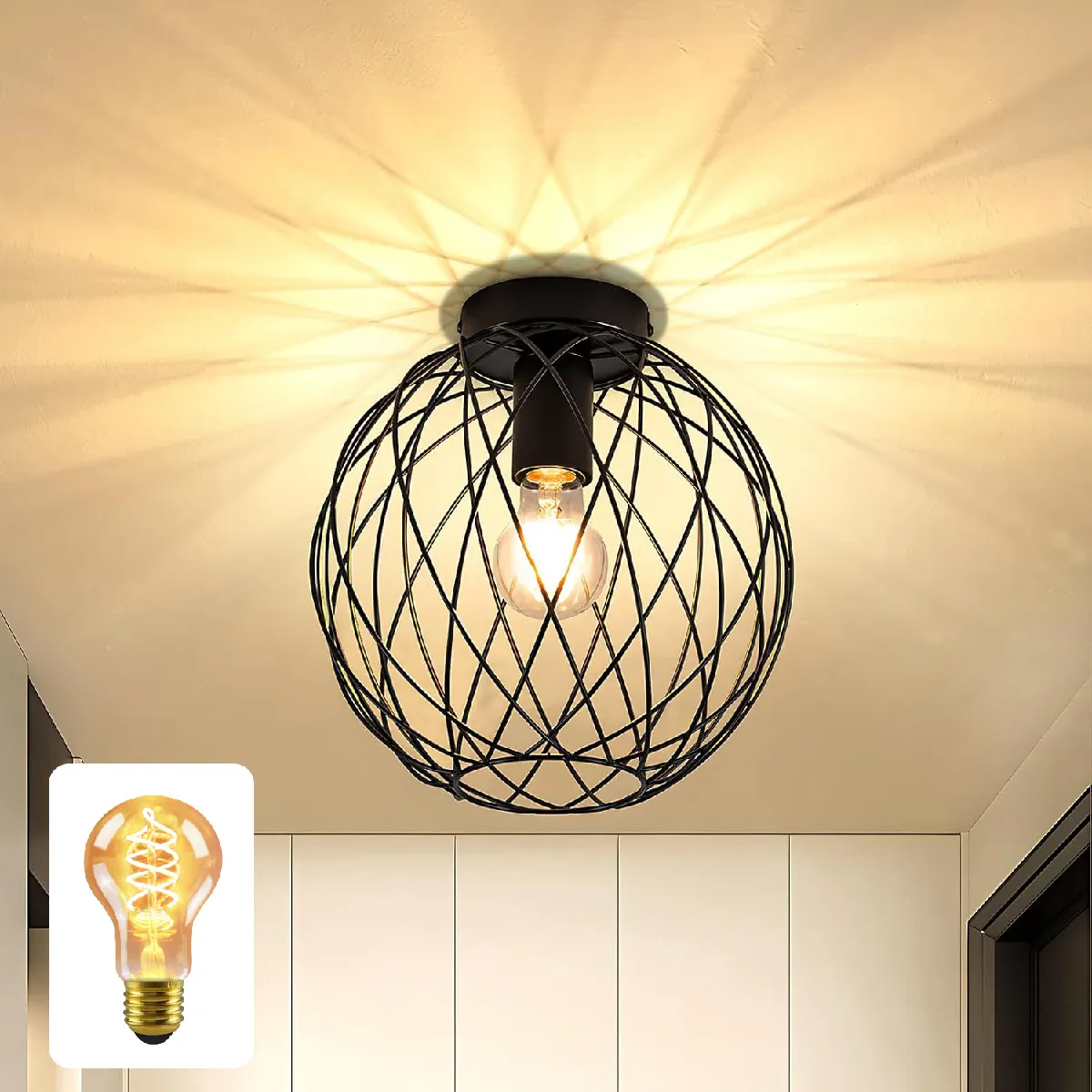Plafonnier Vintage Noir E27 Rétro pour Couloir - Luminaire Industriel Max. 40W