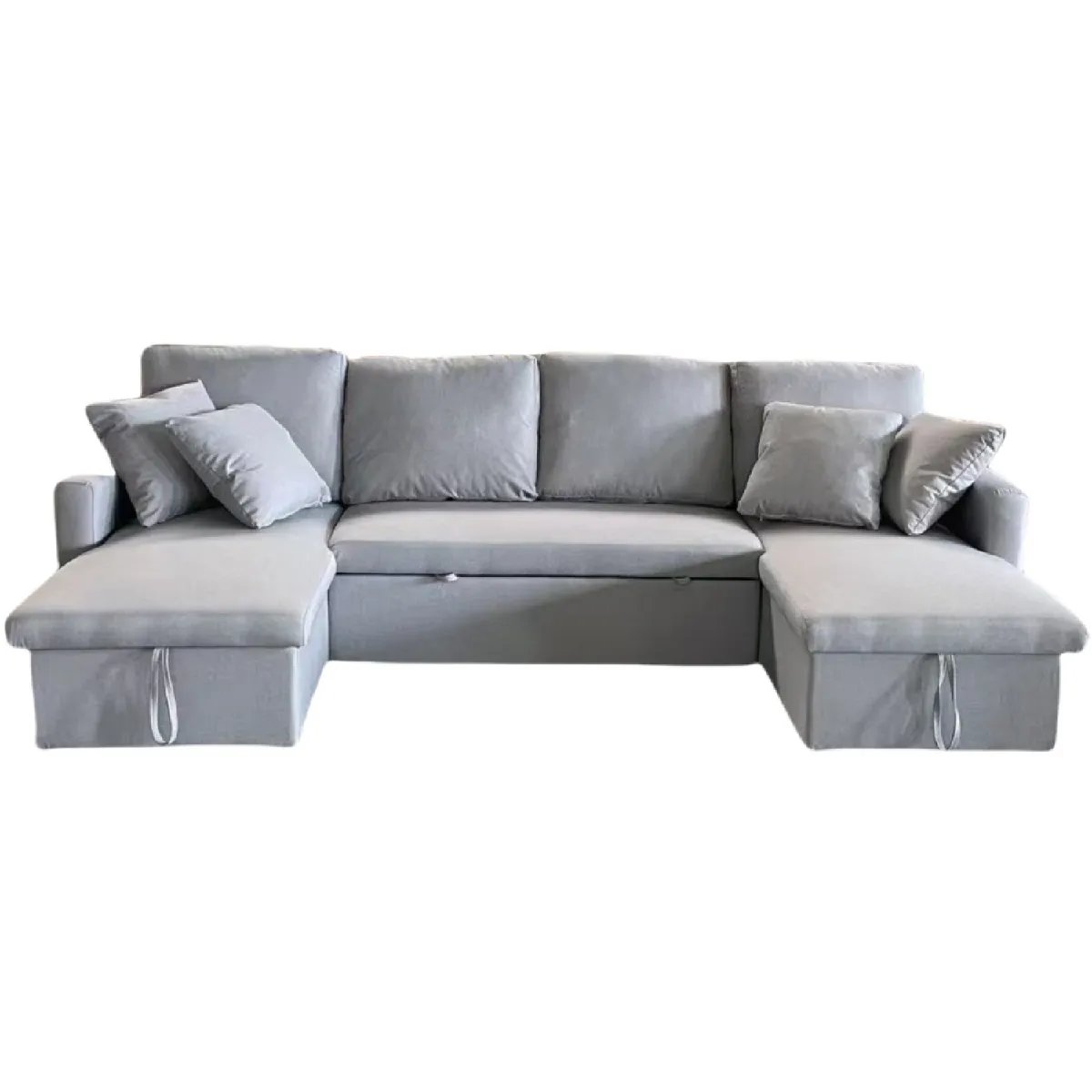 Canapé panoramique convertible 4 places en tissu avec coffre - gris clair MAHÉ Canapé panoramique convertible 4 places en tissu avec coffre - gris clair MAHÉ