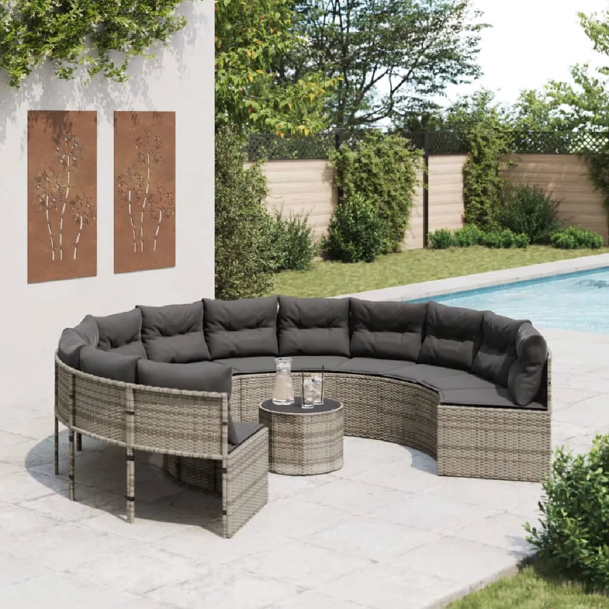 VidaXL Canapé de jardin rond avec table - Gris résine tressée