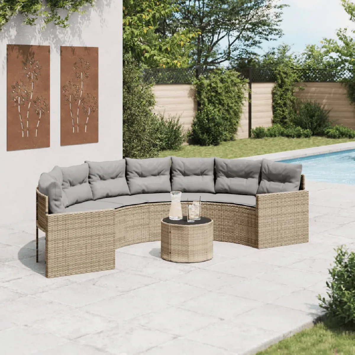vidaXL Canapé de Jardin Demi-Rond avec Table - Beige Rotin