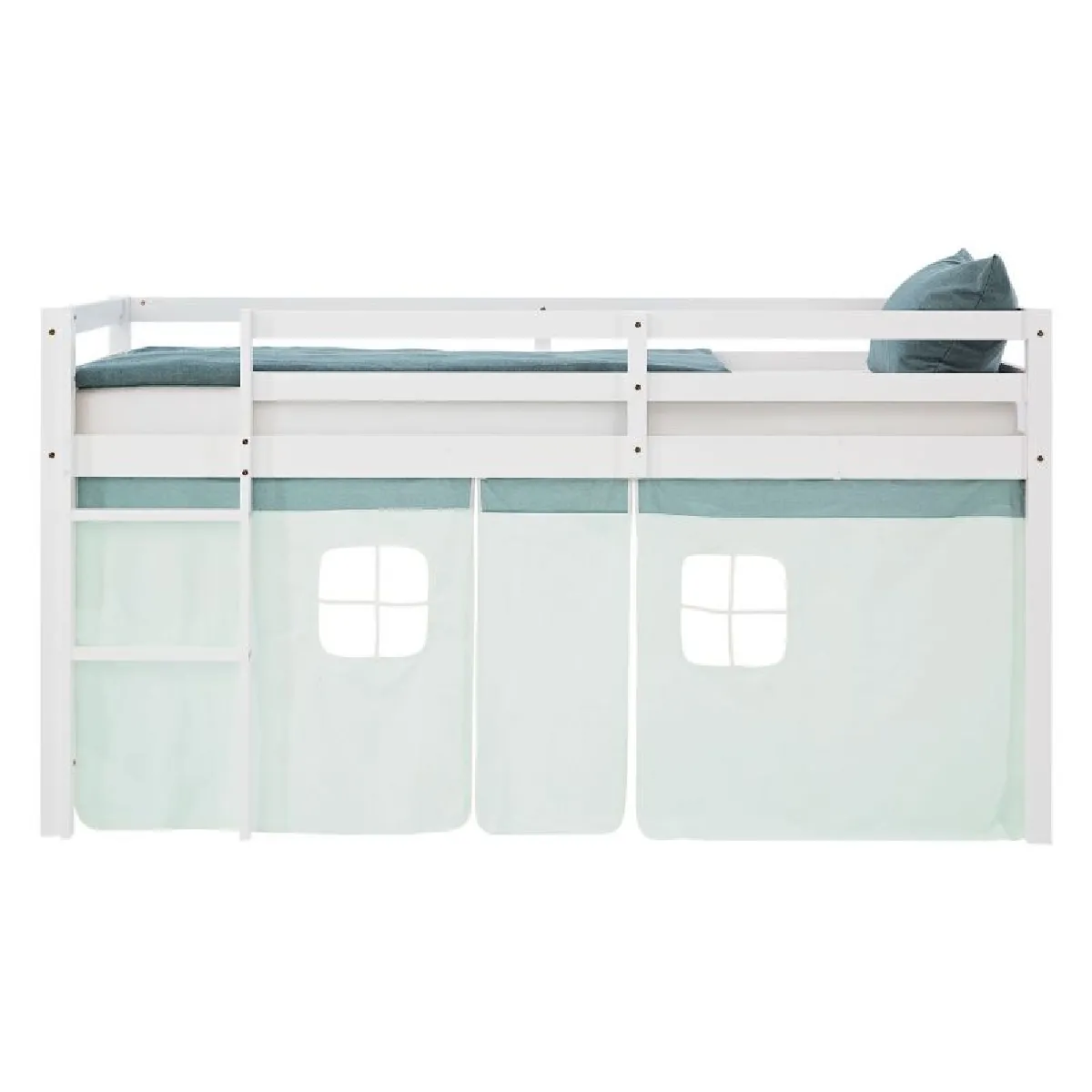 Homestyle4U Lit mi-hauteur 90x200 cm pin massif avec sommier et rideau vert