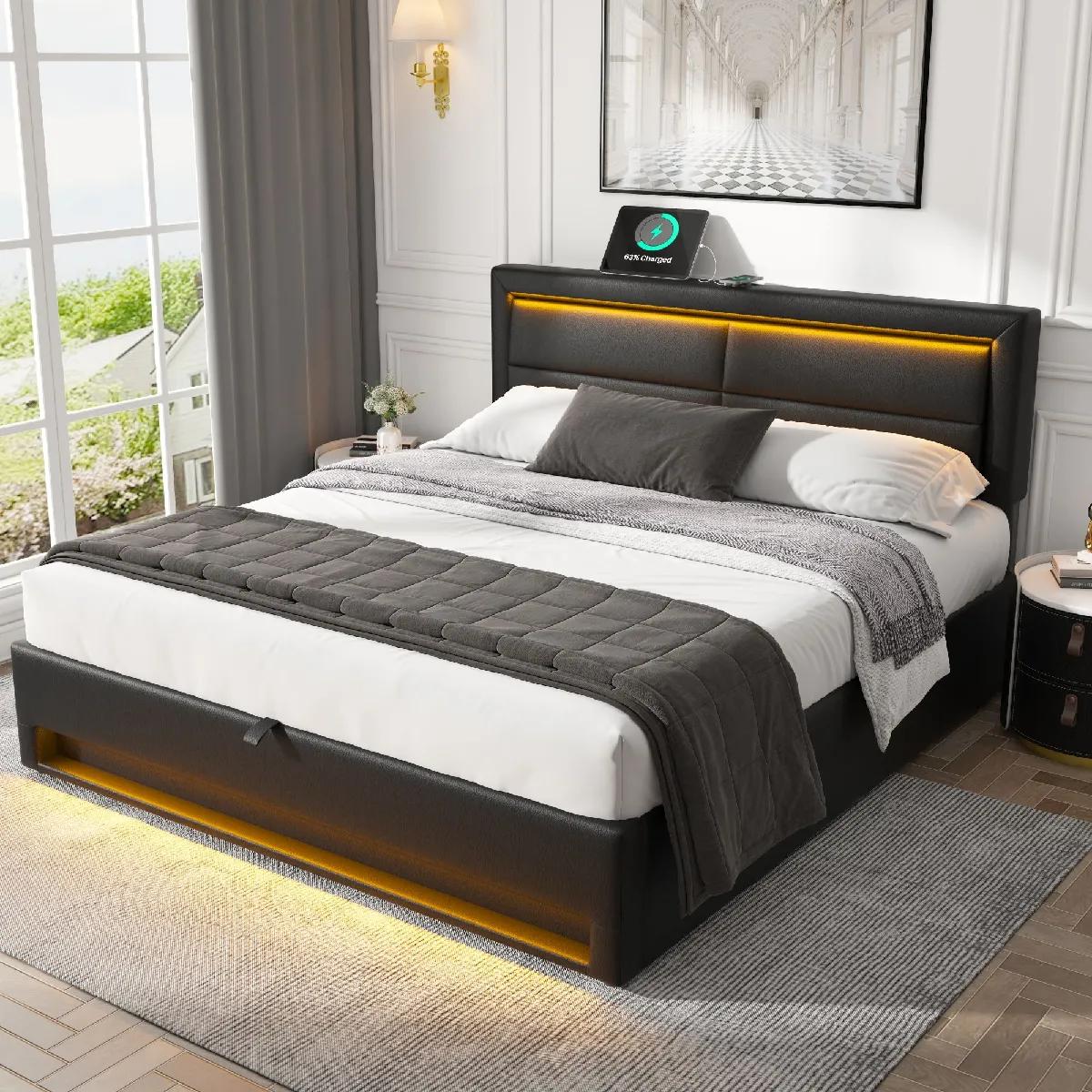 KOMHTOM Lit Avec Rangement Hydraulique - Tête De Lit Rembourrée, USB/Type-C, LED RGB - 90x200cm (Noir, Sans Matelas)