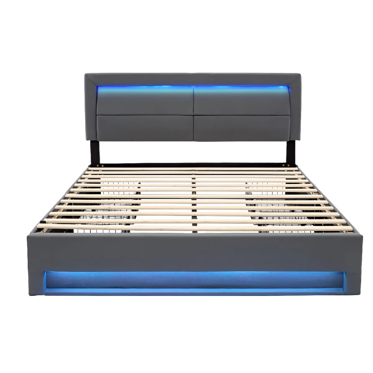 Lit Coffre 140x190 Avec Rangement, Tête De Lit LED USB, Velours Gris - Sommier Inclus, Charge 500kg