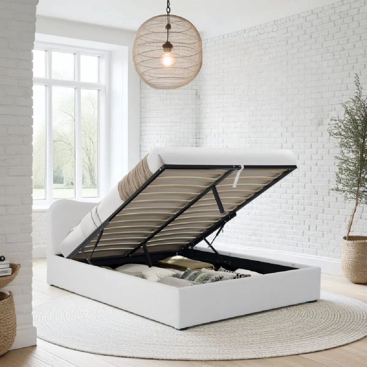 LIT COFFRE 160x200 CM COCOON+ SOMMIER / Tissu Bouclette Blanc