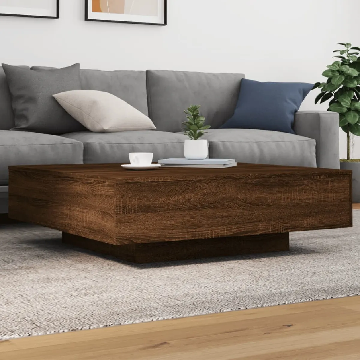 vidaXL Table basse avec lumières LED chêne marron 100x100x31 cm