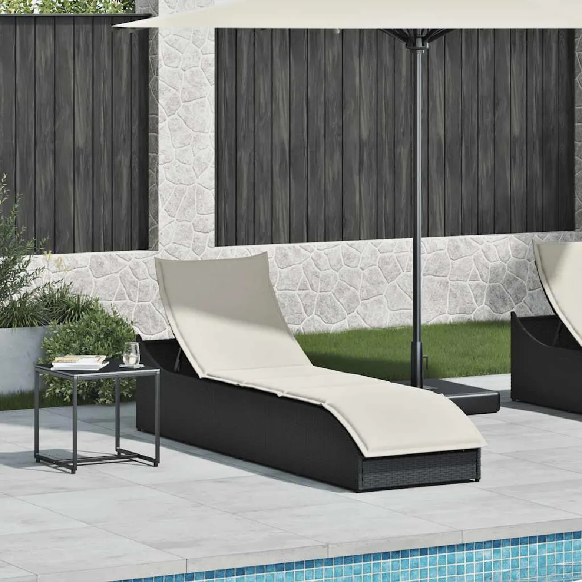 Vidaxl Noir Chaise Longue Pliante Coussin Et Rangement Résine Tressée - Image 3
