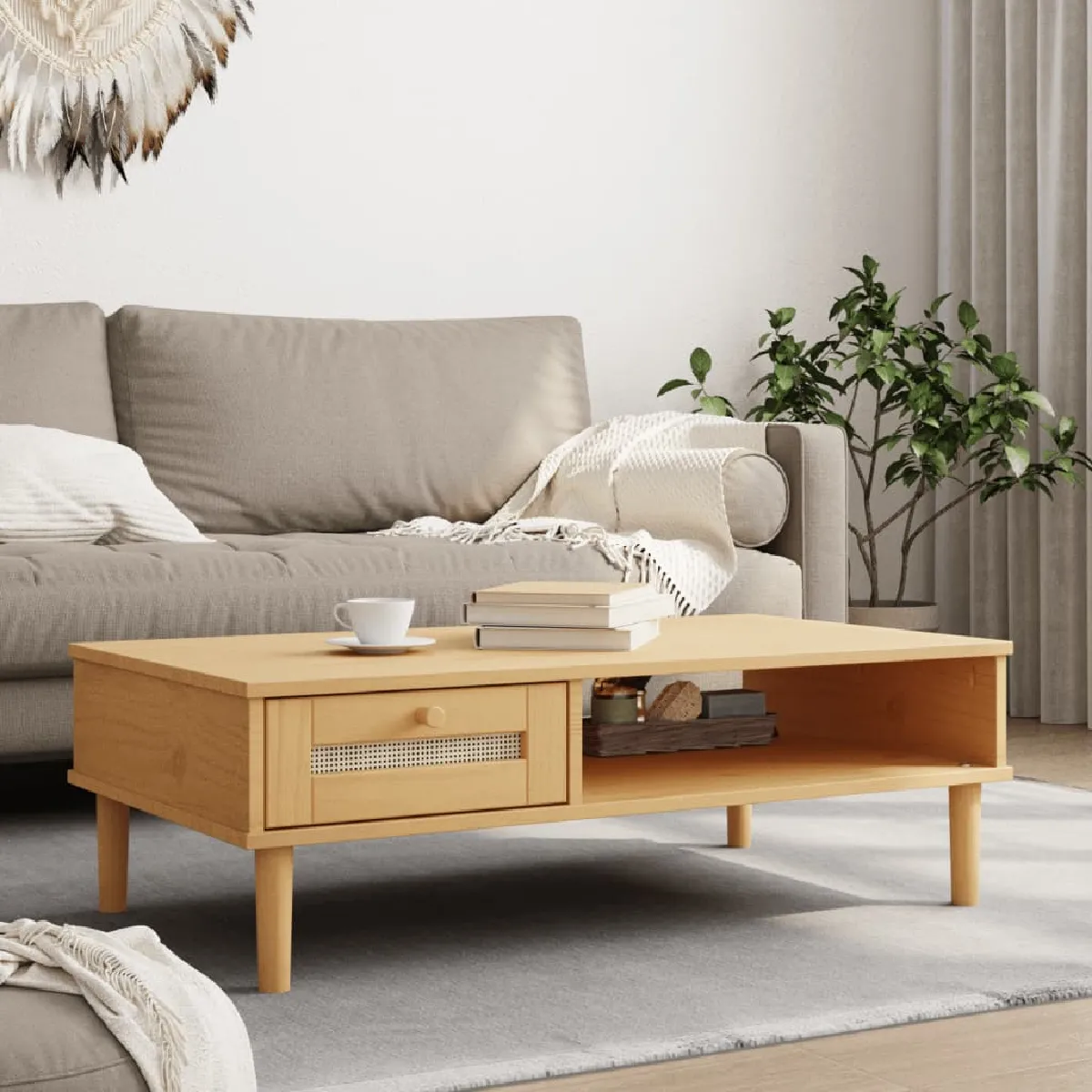 Meilleurs prix pour vidaXL Table basse SENJA aspect rotin marron 100x55x33 cm bois massif