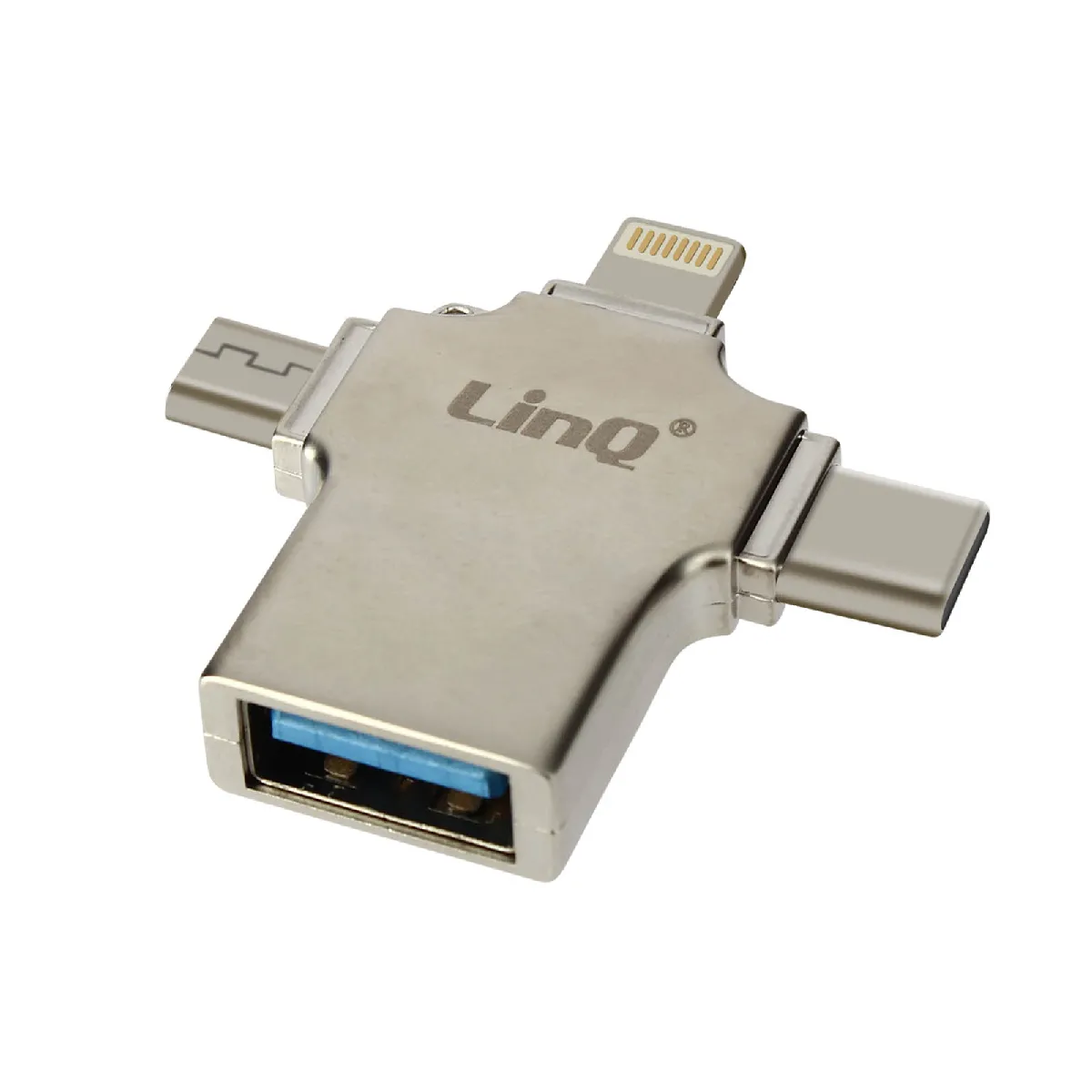 Linq Argent Adaptateur Otg 3 En 1 Lightning, Usb-C Et Micro-Usb Vers Usb Compact