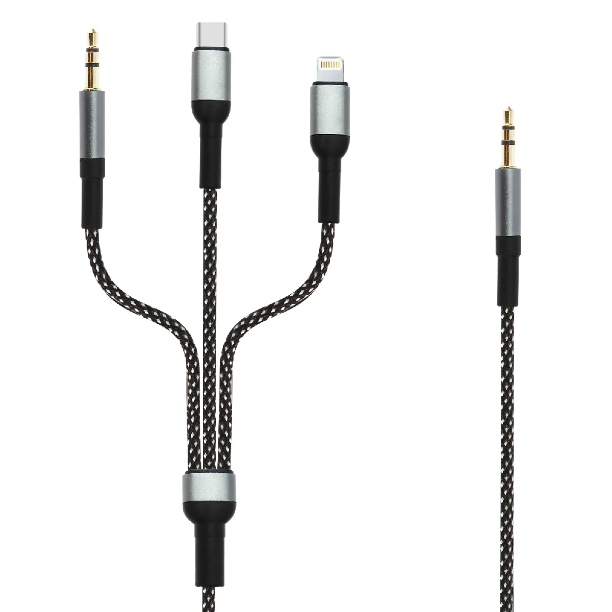 Linq Noir Câble Audio Multi Embouts Jack 3.5Mm Usb-C Lightning Vers Jack 3.5Mm 1.5M