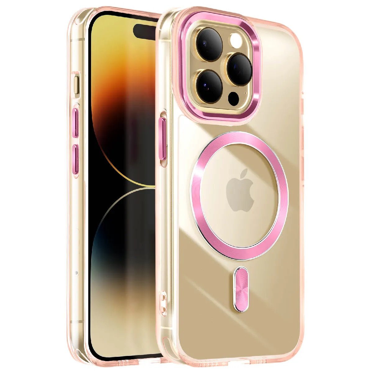 Avizar Rose Coque Magsafe Pour Iphone 14 Pro Dos Cristal Color Champagne
