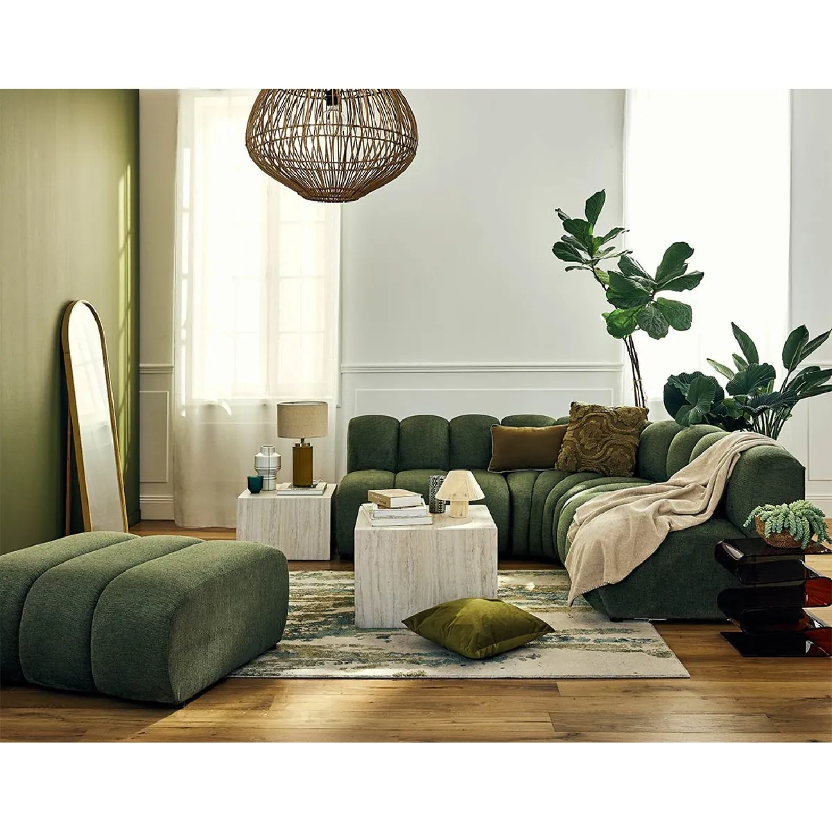 Pouf Modulable Onyx En Tissu Vert Sauge - 131x42x68 Cm - Structure Bois, Assise Mousse Dense - Fabrication Européenne - Pour Salon, Repose-pieds