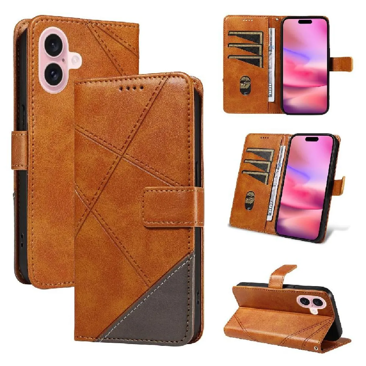 Générique Marron Étui Portefeuille En Cuir Iphone 16