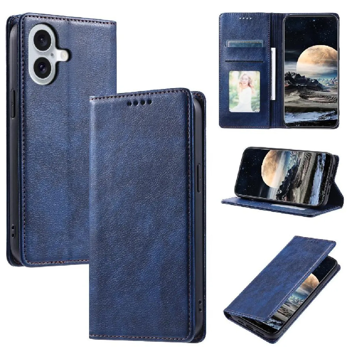 Générique Bleu Étui Portefeuille En Similicuir Avec Support Intégré Pour Iphone 16