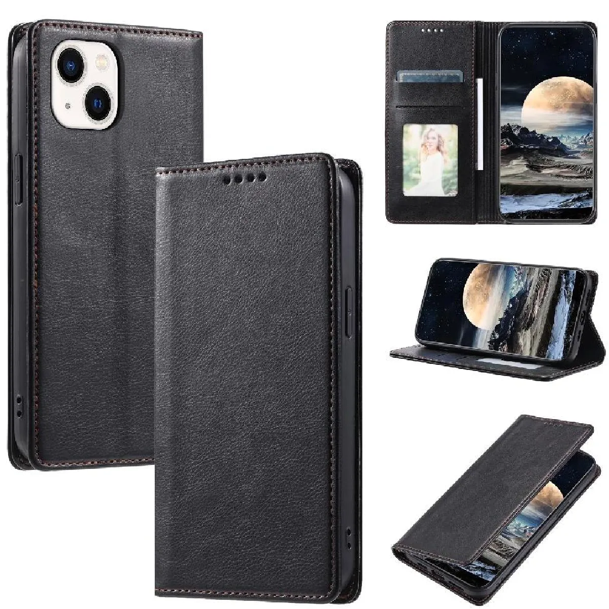 Générique Noir Étui Portefeuille En Similicuir Pour Apple Iphone 15