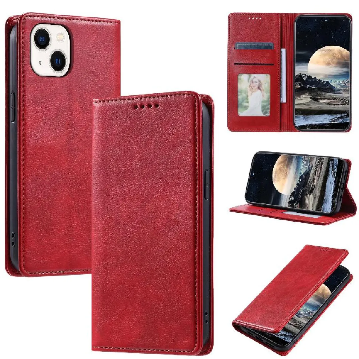 Générique Rouge Étui Portefeuille À Fermeture Magnétique Iphone 14