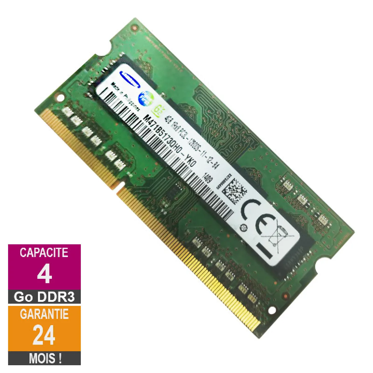 Barrette Mémoire 4Go RAM DDR3 Samsung M471B5173QH0 YK0 SO DIMM PC3L - vue 2