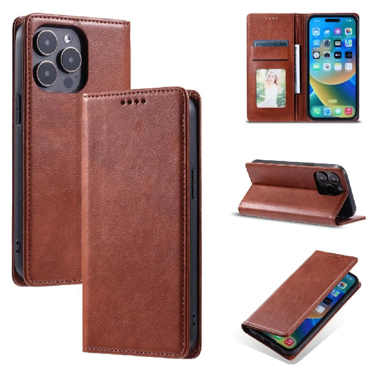 Générique Marron Étui Portefeuille En Similicuir Apple Iphone 13 Pro Max
