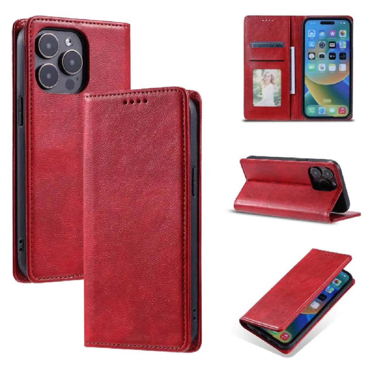 Générique Rouge Étui Portefeuille Magnétique Avec Support Intégré Pour Iphone 13 Pro
