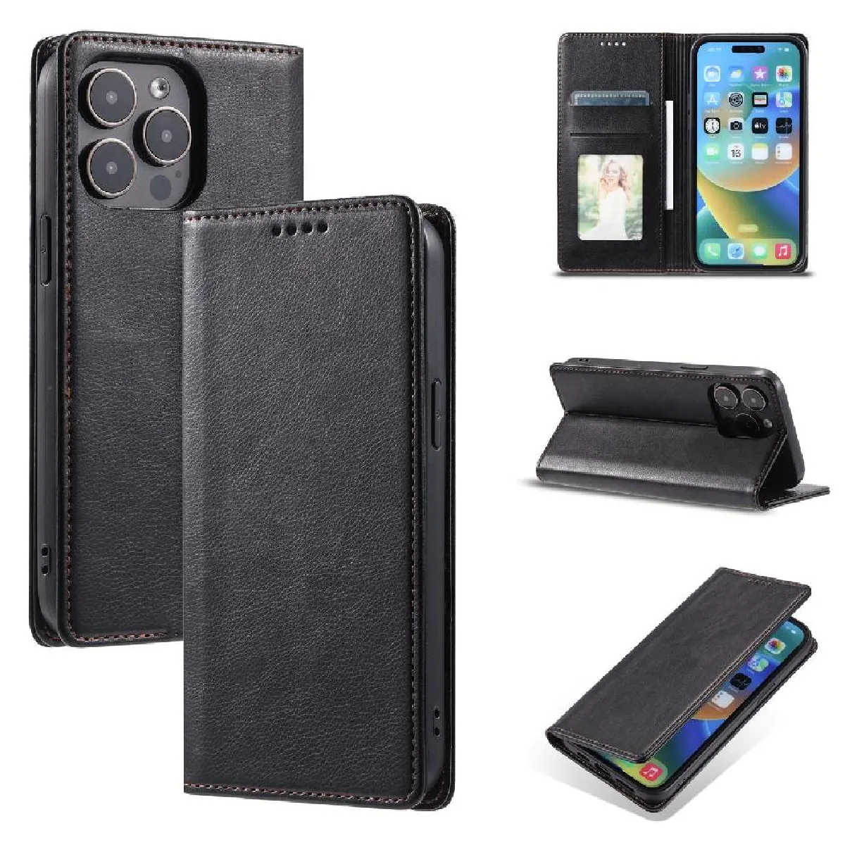Générique Noir Étui Portefeuille Avec Support Intégré Iphone 14 Pro