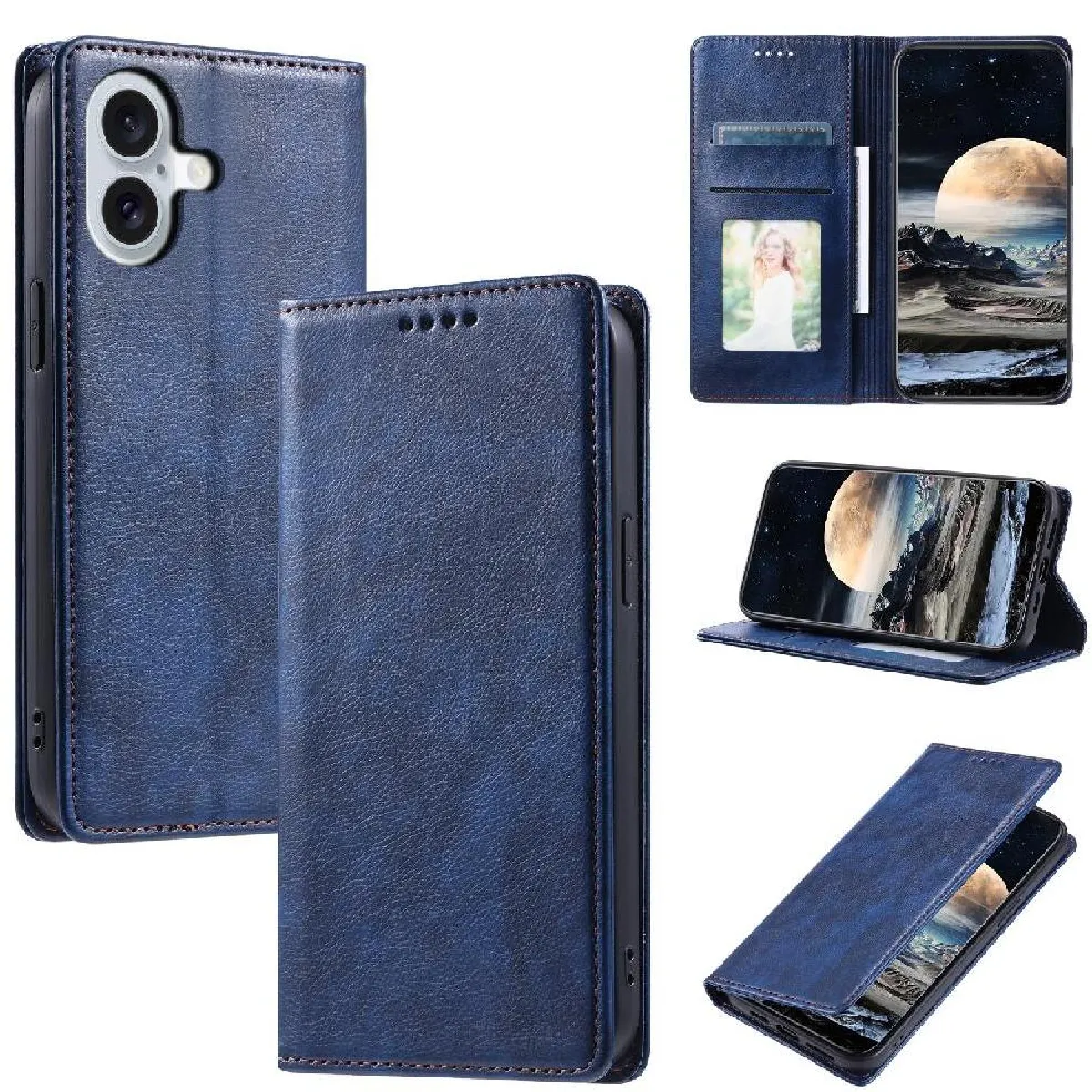 Générique Bleu Étui Portefeuille Avec Support Vidéo Iphone 16 Plus