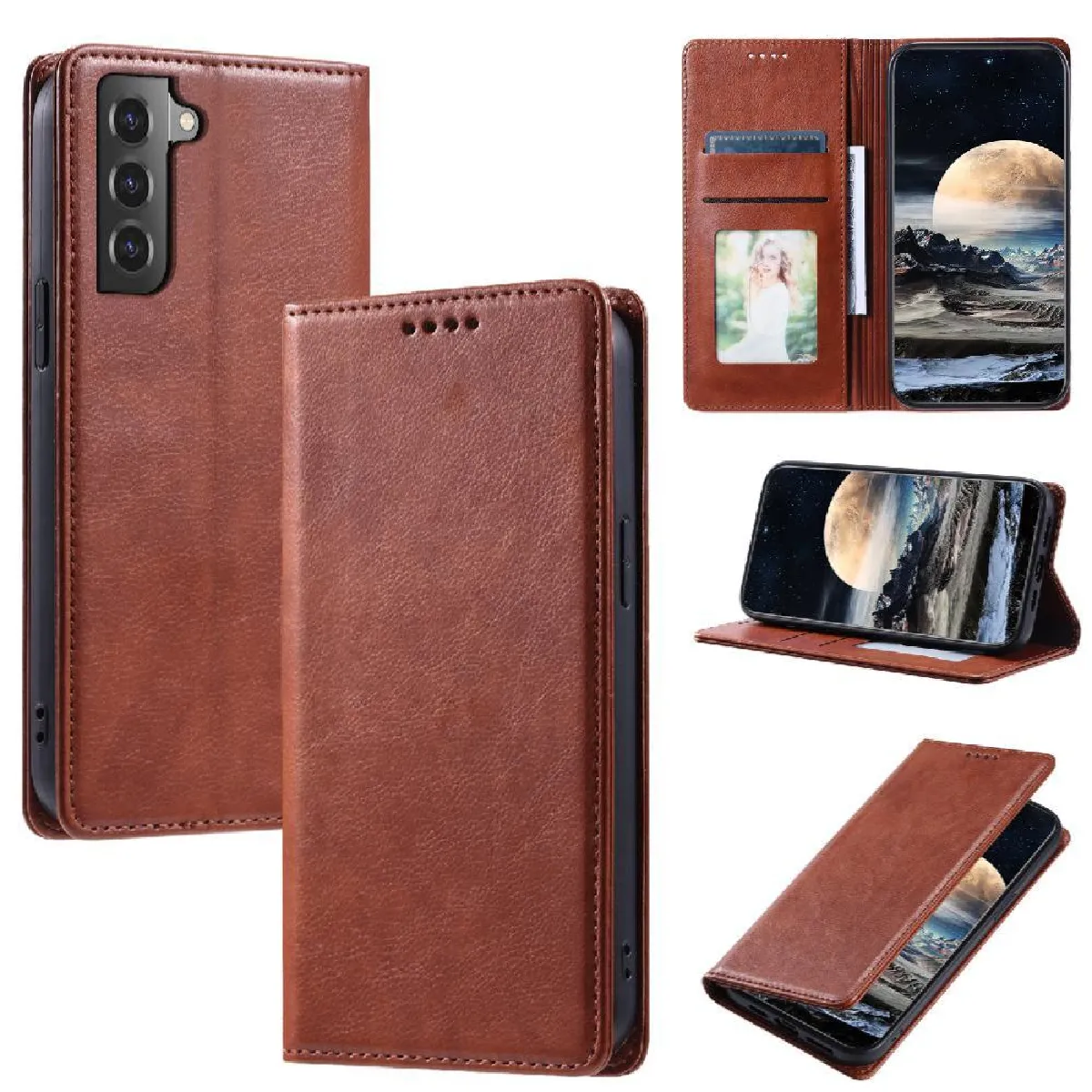 Générique Marron Étui Portefeuille En Similicuir À Fermeture Magnétique Samsung Galaxy S21 Fe