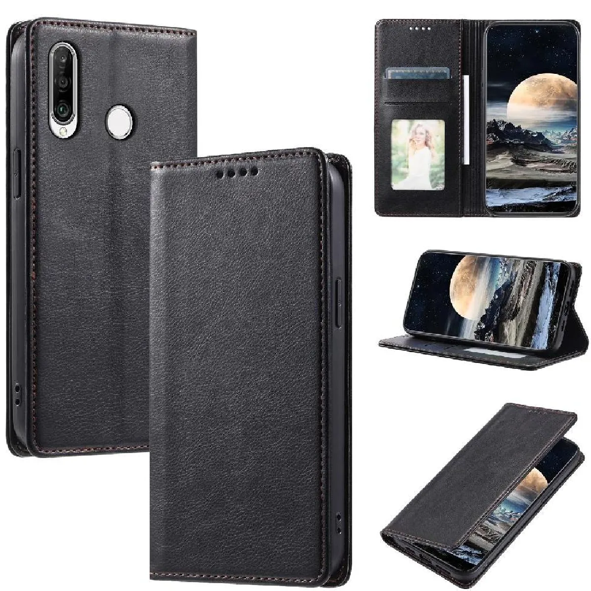 Générique Noir Étui Portefeuille Avec Support Intégré Huawei Nova 4E