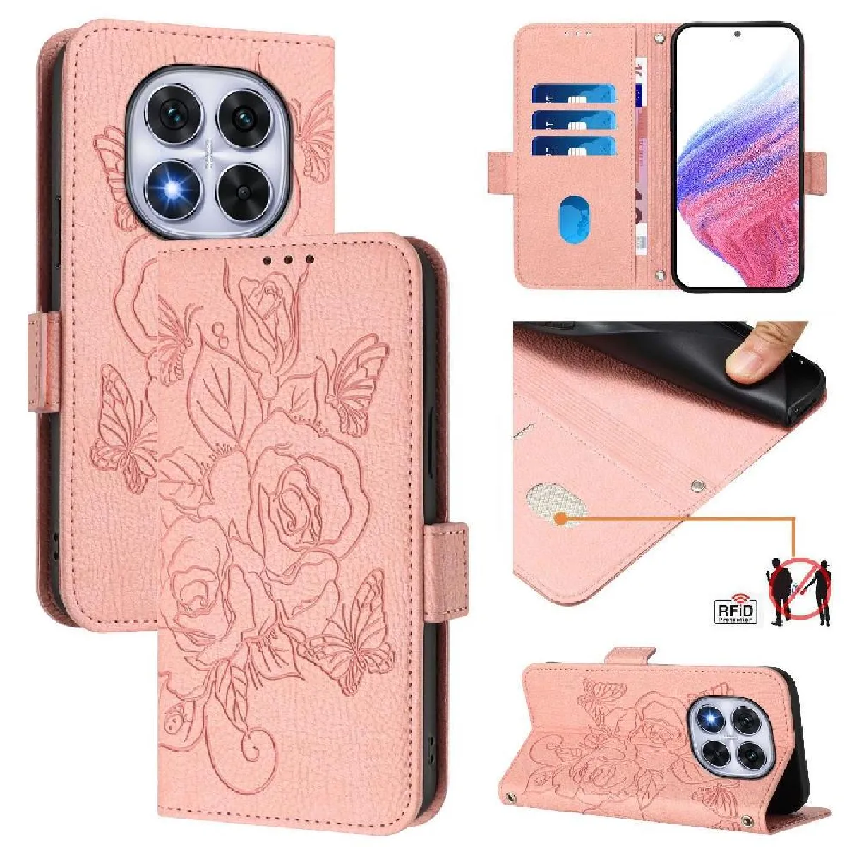 Générique Rose Étui Portefeuille En Similicuir Xiaomi Redmi Note 14 Pro Plus 5G