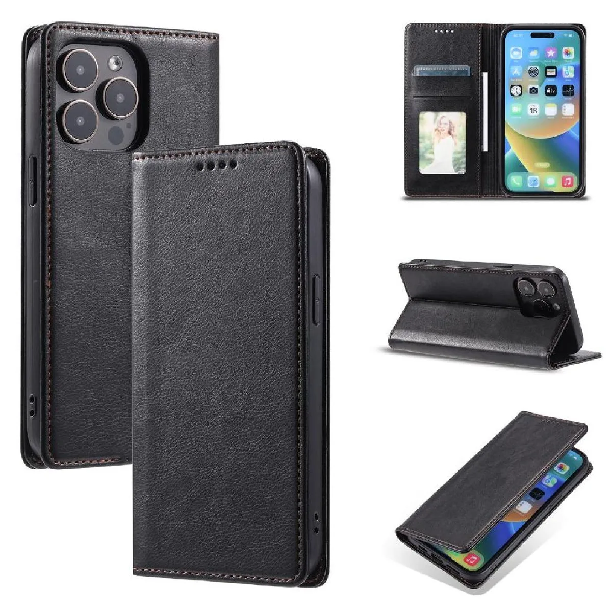 Générique Noir Étui Portefeuille Avec Support Apple Iphone 14 Pro Max