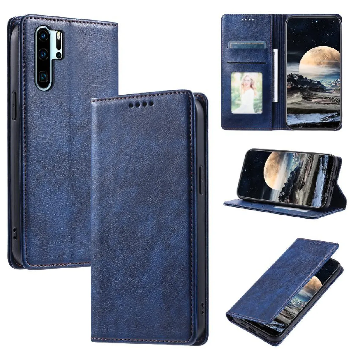 Générique Bleu Étui En Similicuir Avec Porte-Cartes Et Support Pour Huawei P30 Pro