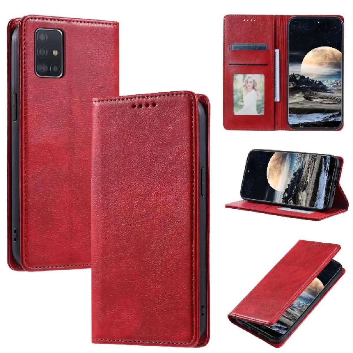 Générique Rouge Étui À Rabat Porte-Cartes Magnétique Samsung Galaxy A51 4G