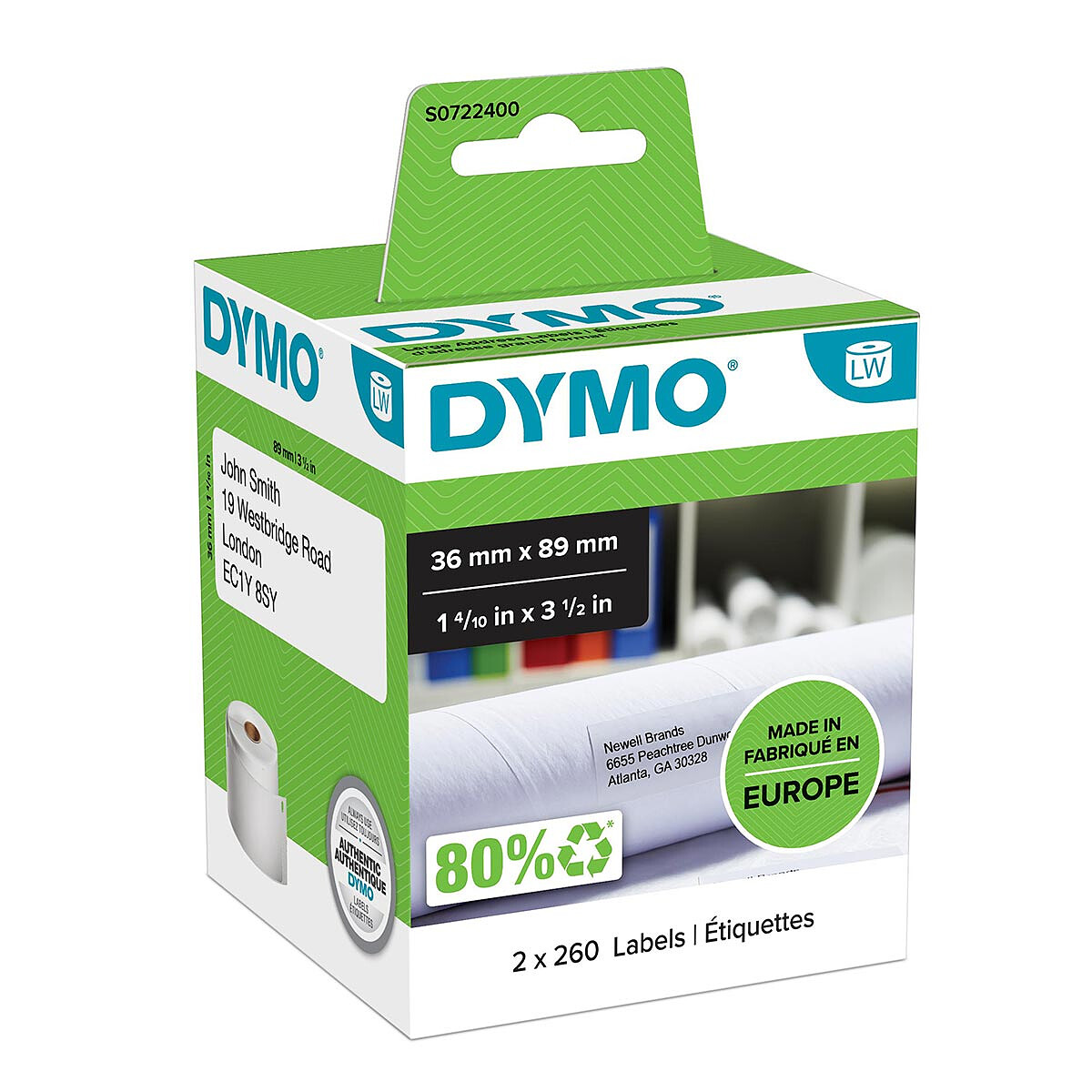 DYMO Pack de 2 rouleaux d'étiquettes adresse larges pour LabelWriter 89 x 36 mm