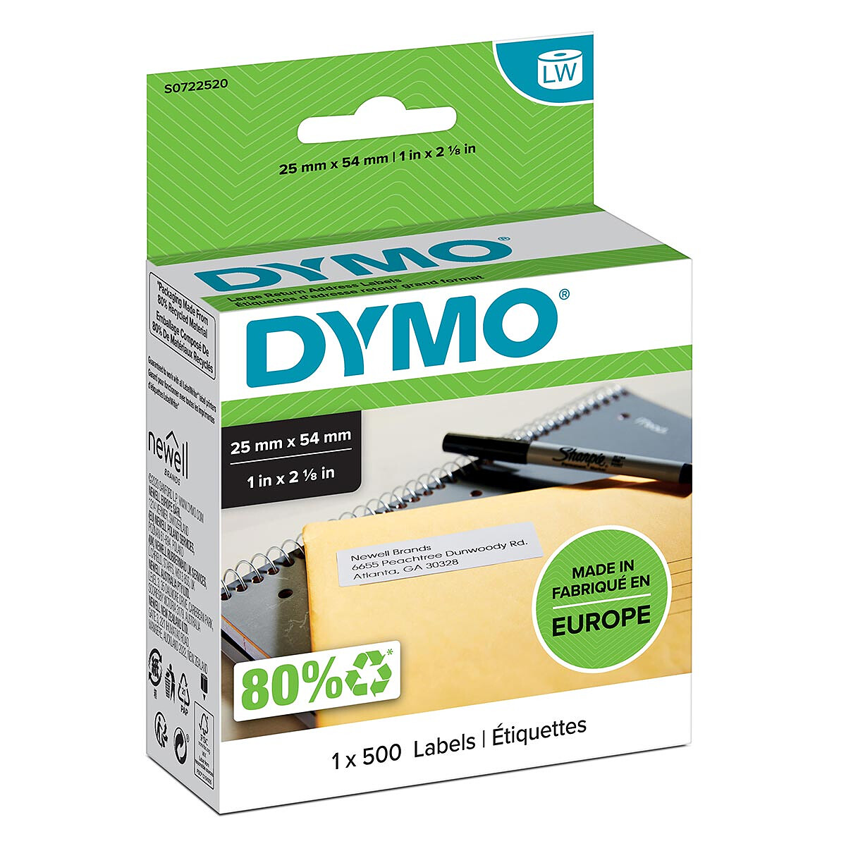 DYMO Pack de 500 étiquettes d'adresse de retour pour LabelWriter 25 x 54 mm