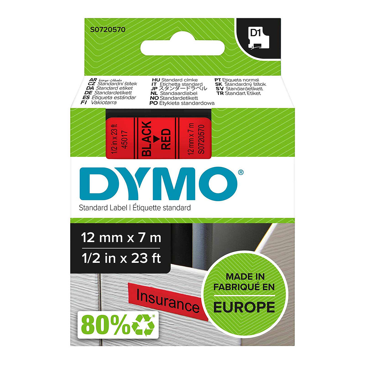 DYMO Ruban D1 Standard - noir/rouge 12 mm x 7 m - Dymo