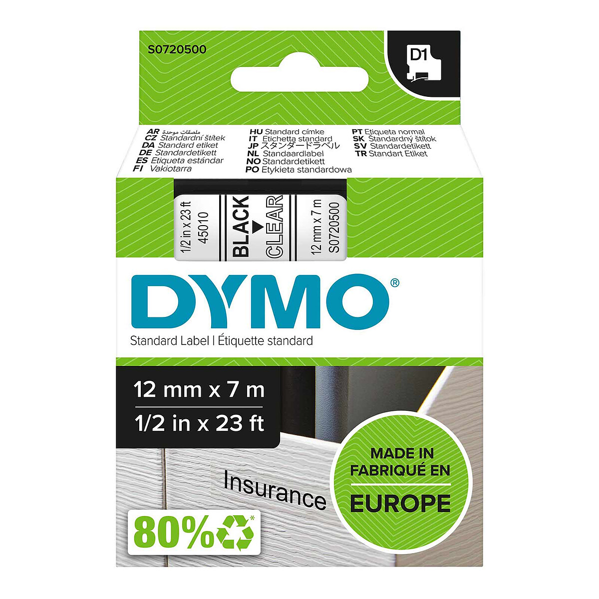 DYMO Ruban D1 Standard - noir / transparent 12 mm - 7 m - Dymo