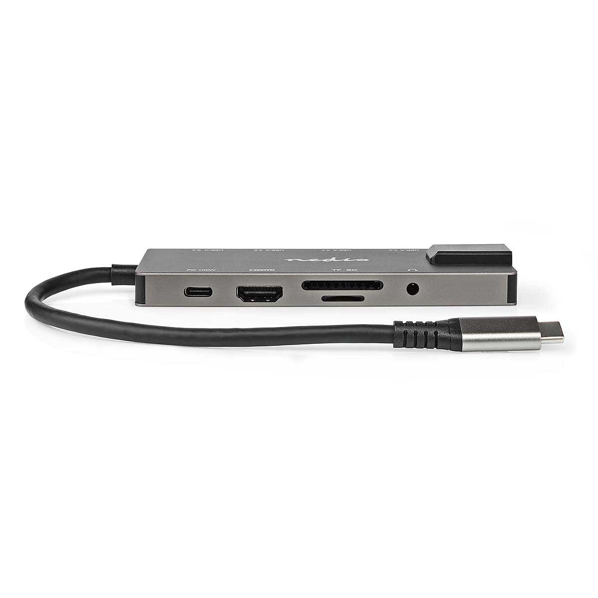 Station d'accueil USB-C avec 1x USB-C 3.0, 2x USB-A 3.0, 1x USB-A 2.0, 1x RJ45, 1x microSD/SD, 1x HDMI, 1x jack 3.5 mm et et 1x USB-C Power Delivery 100W Pass-Through