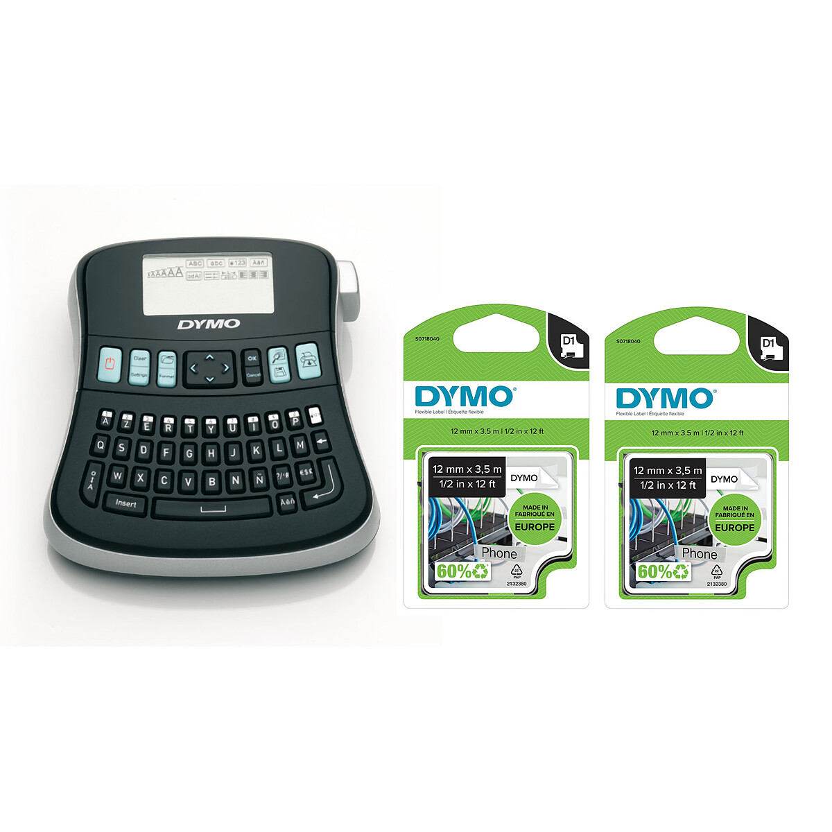 DYMO LabelManager 210D + 2x Rubans D1 Flexibles - noir/blanc 12 mm - 3.5 m - Dymo