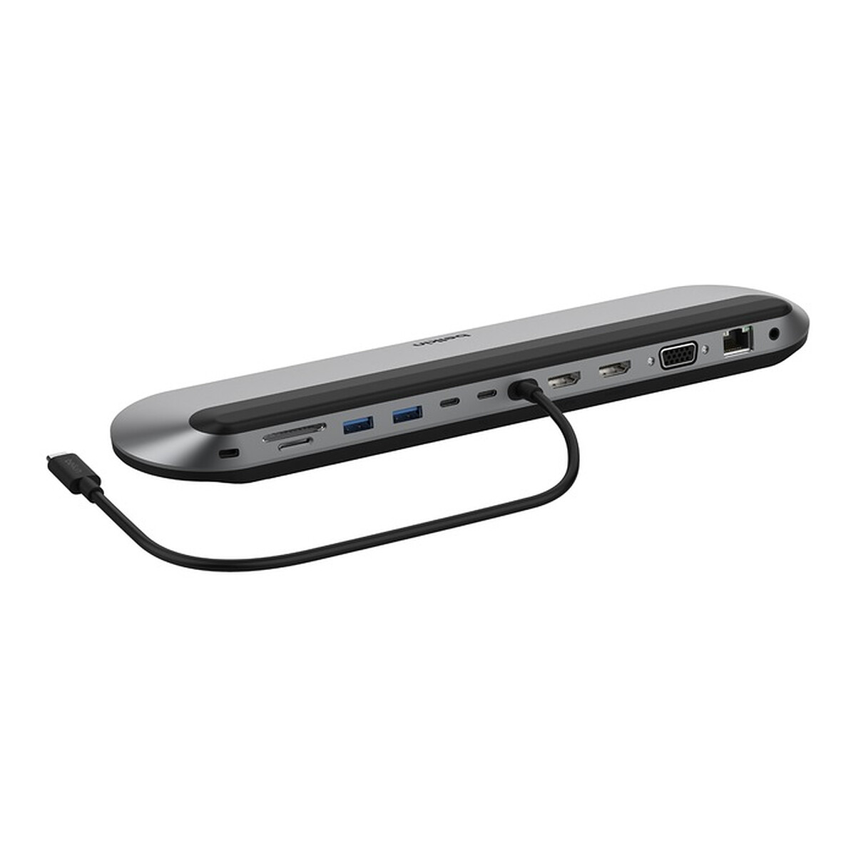 Station d'accueil USB-C avec 1x HDMI 4K à 60 Hz, 1x HDMI 4K à 30 Hz, 1x VGA, 1x USB-C, 2x USB-A, 1x USB-C PD, 1x Gigabit Ethernet, 1x Jack 3.5 mm, 1x SD, 1x microSD