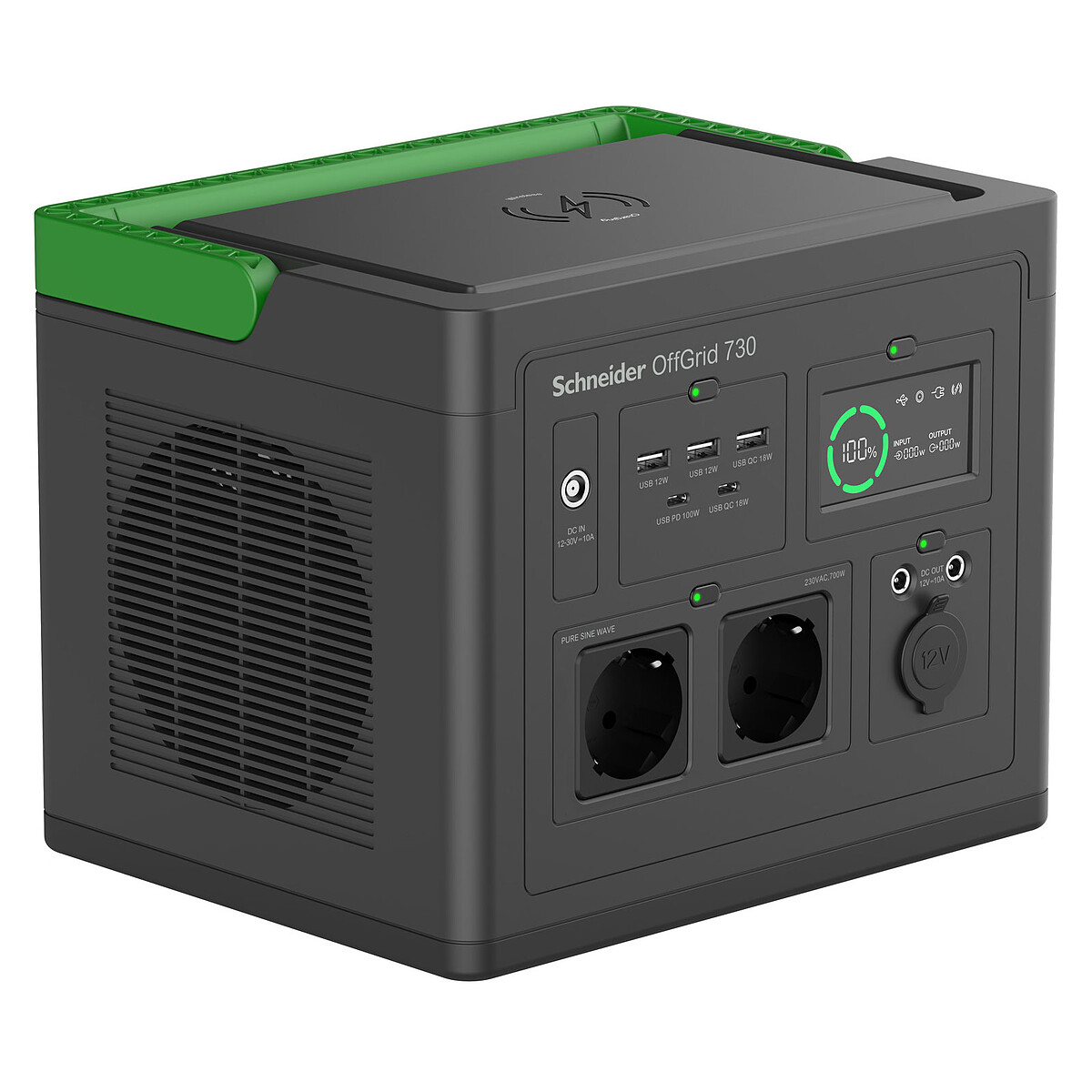 Schneider OffGrid 730 Centrale électrique portable LCD lithium ion 2 prises schuko CEE 73 onde sinusoïdale 3 USB A 1 USB C chargeur sans fil AC 195 265 / DC 12 30 V 700 Watt ... - vue 6