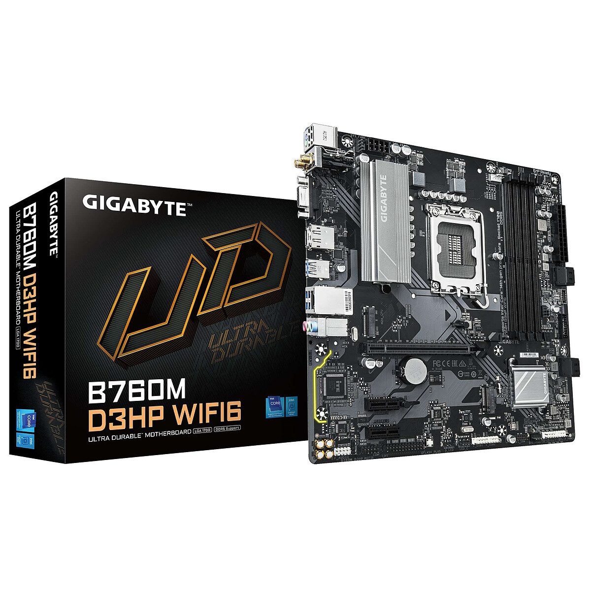 GIGABYTE B760M D3HP WIFI6 Carte mère Compatible avec les processeurs Intel Core 14e génération VRM numérique 4+1+1 phases jusqu'à 5600 MHz DDR5 2x .2 PCIe 4.0 Wi Fi 6 LAN GbE USB 3.2 Gen 1 Neuf - vue 4