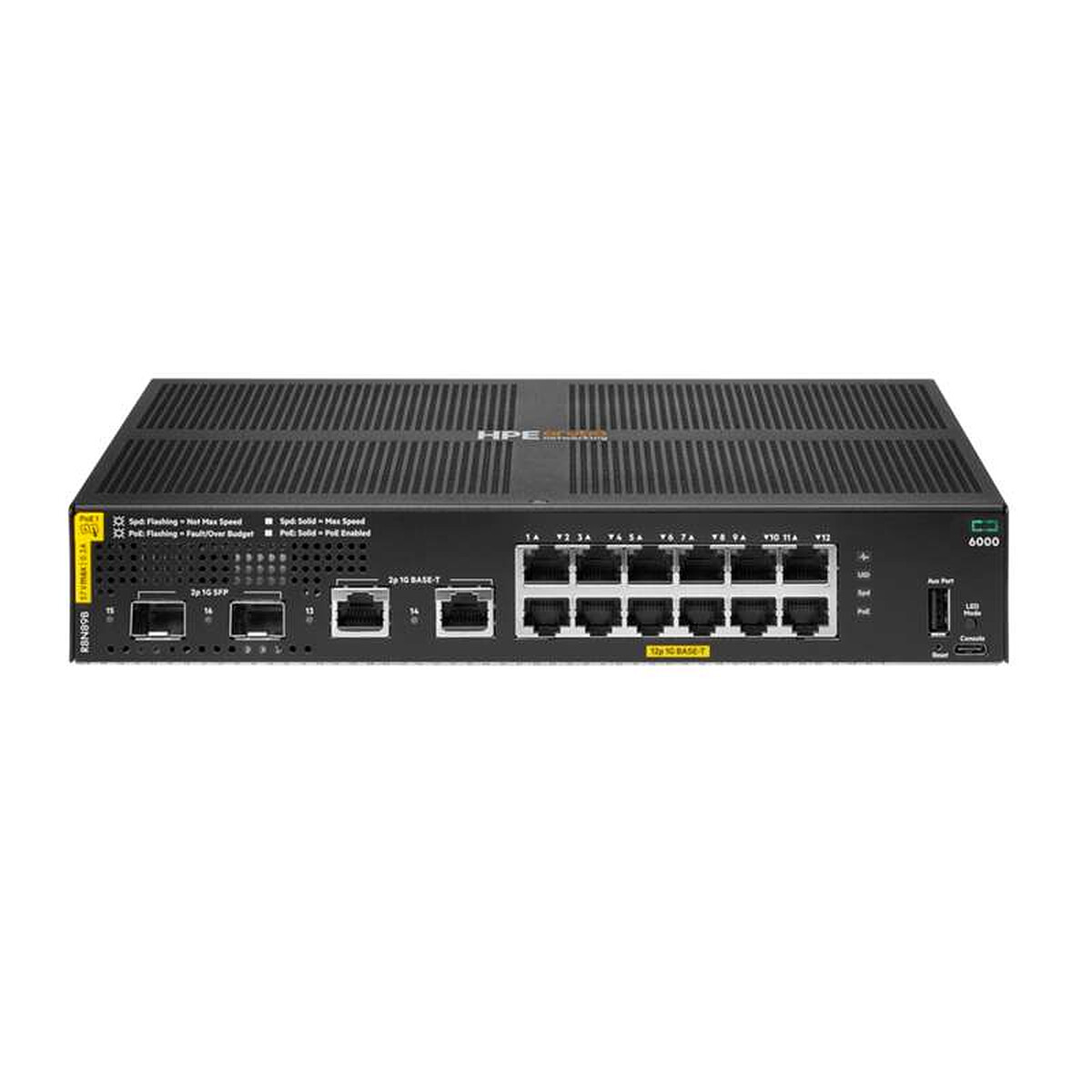 HPE Aruba Networking CX 6000 12p 10M/ /1G Class4 PoE 2p SFP 1G Switch Commutateur Géré 12 x 101001000 PoE+ + 2 x Gigabit SFP liaison montante + 2 x Gigabit RJ 45 Montable sur rack fixation murale PoE+ BTO - vue 4