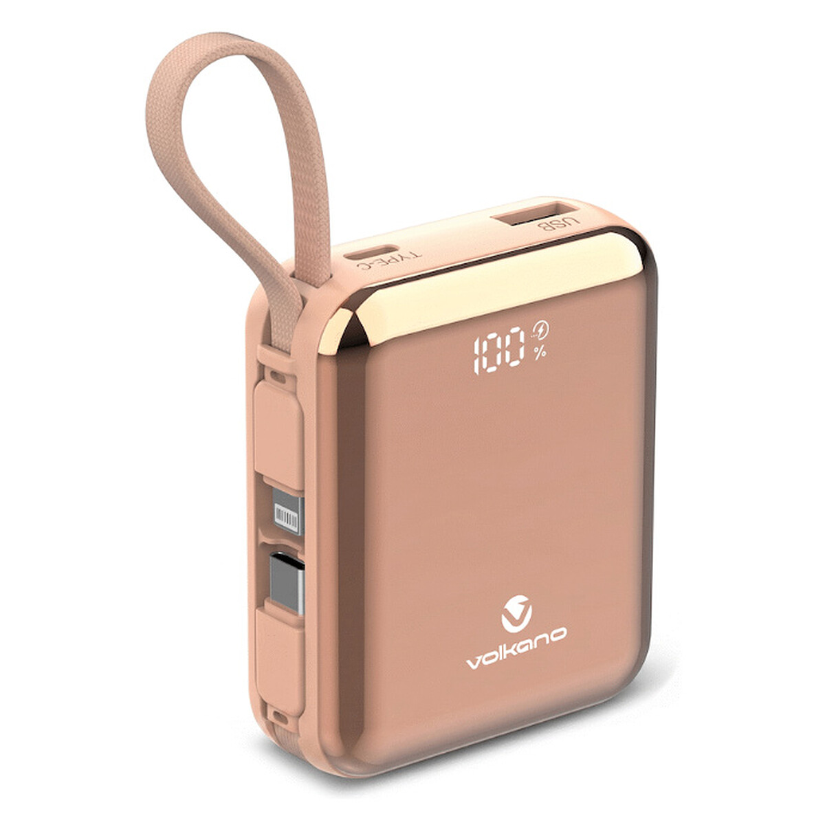 Volkano Solace Series 10 000 mAh avec câbles USB-C et Lightning intégrés (Rose et Or)