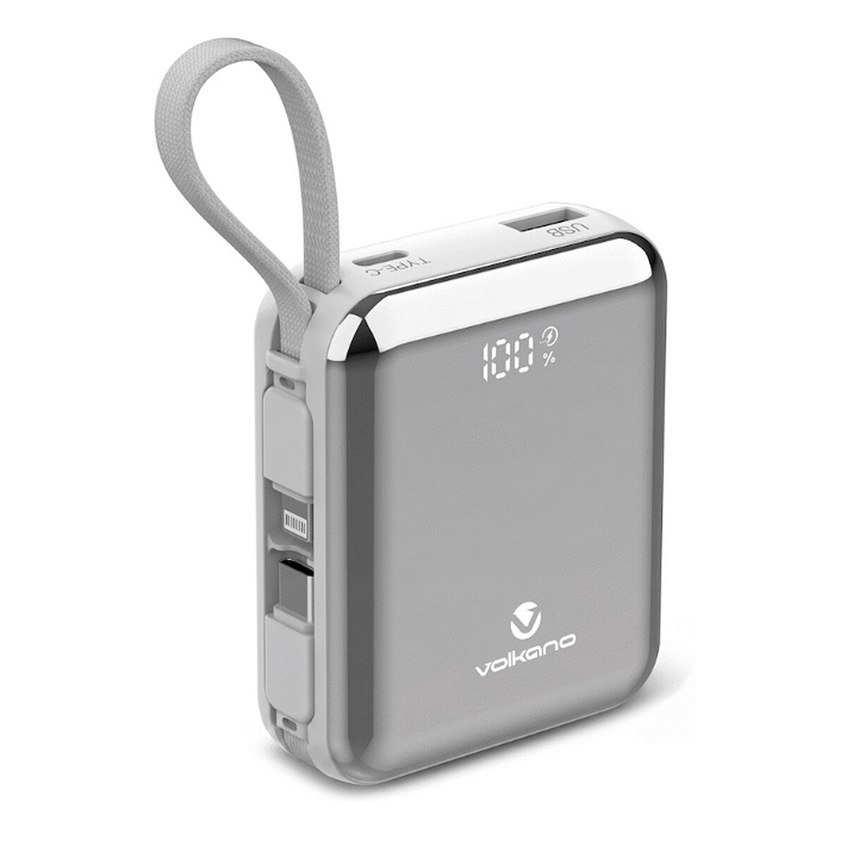 Volkano Solace Series 10 000 mAh avec câbles USB-C et Lightning intégrés (Blanc et Argent)