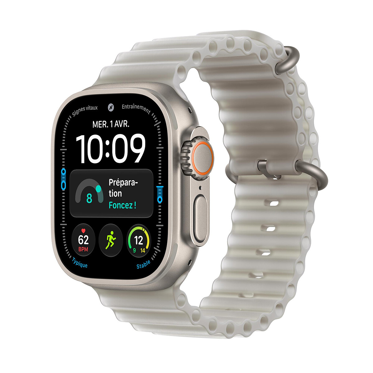 Apple Watch Ultra 4 GPS + Cellular 49 mm Titane naturel Bracelet Océan Gris translucide