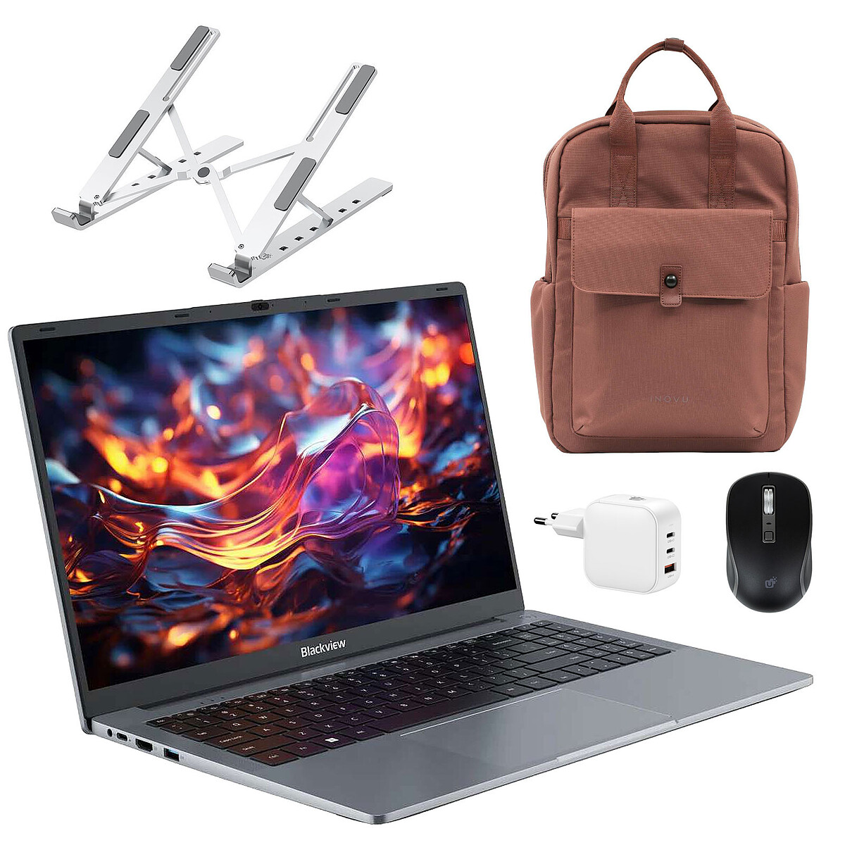Blackview AceBook 6 R3 3300U 16/512 + Souris sans fil INOVU AT200M + Support pliable INOVU INSUTR16 + INOVU Blush Backpack (Marron) + INOVU Chargeur Secteur USB-C 70W GaN