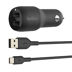 Belkin Boost Charge Chargeur de voiture 2 ports USB-A (24 W) sur prise allume-cigare avec câble USB-A vers USB-C 1 m