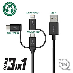 Akashi Câble Eco 3-en-1 USB-A vers USB-C / Lightning / micro USB (1 m)