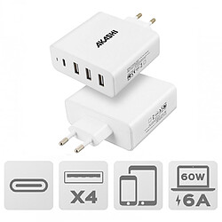 Akashi Chargeur Secteur 60W 6A USB-C + 3x USB-A